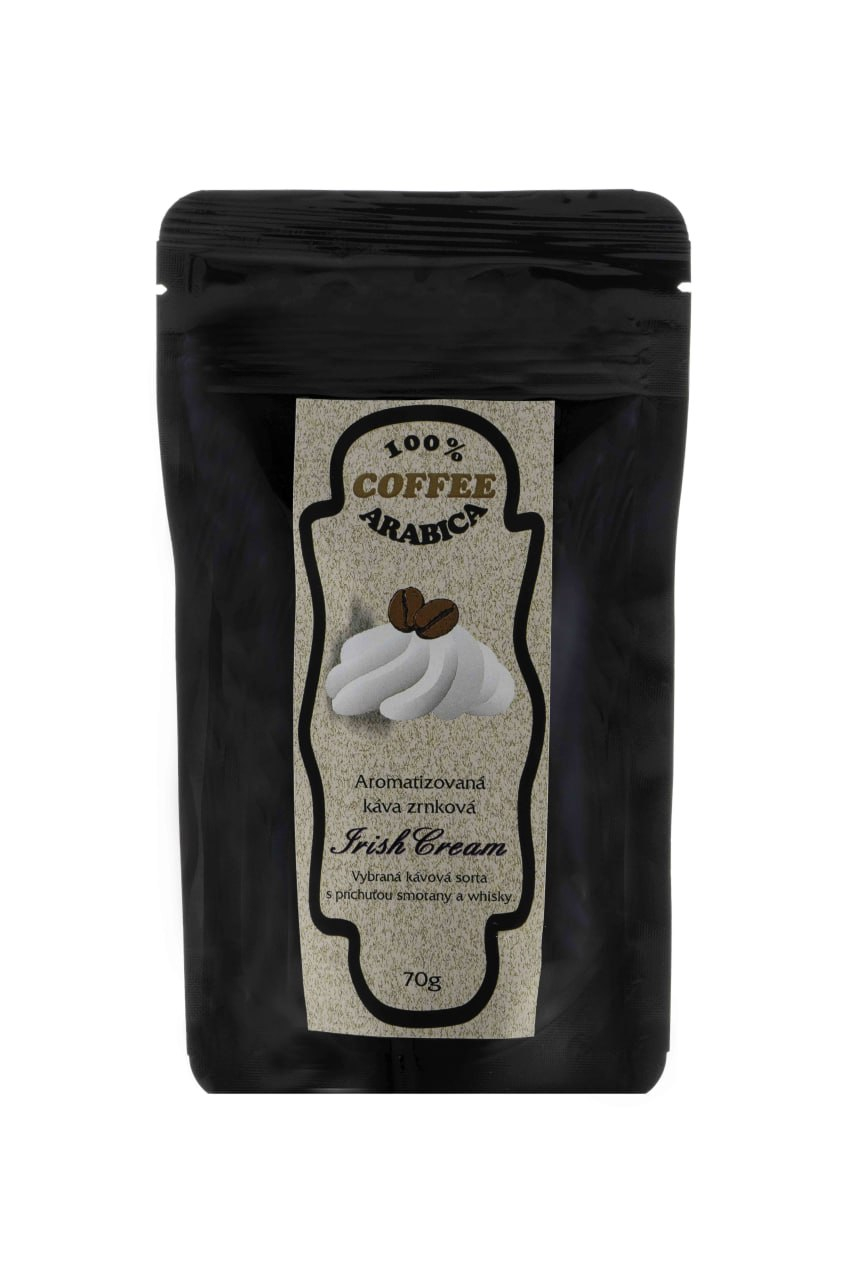 zrnková káva Irish cream 70g Vybraná odrůda kávy s typickou chutí smetany a whisky.Složení: zrnková káva 100% Arabica, aromaChuť: fantastická