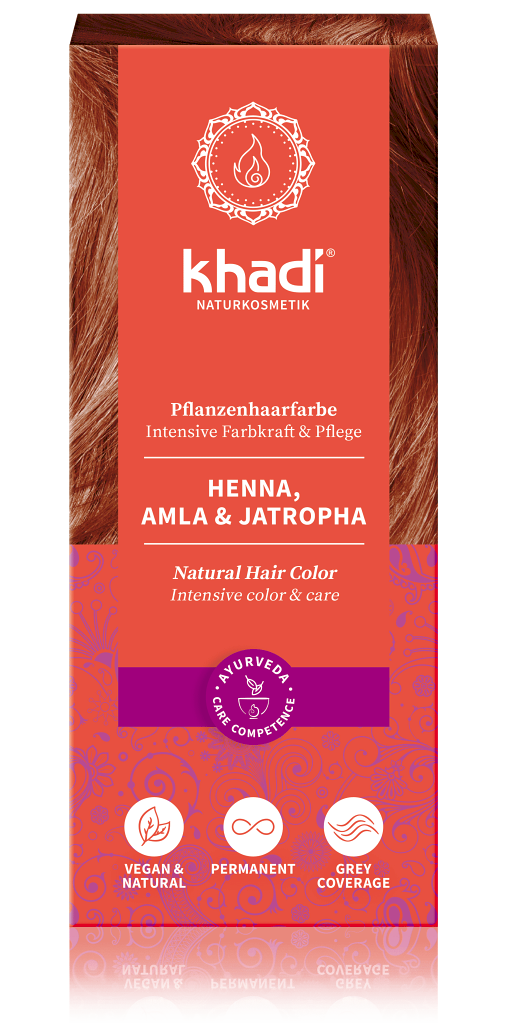 Khadi rostlinná barva na vlasy HENNA & AMLA & JATROPHA 100g Khadi přírodní rostlinná barva na vlasy, odstín Amla & Jatropha barví vlasy oranžově až červeně, tmavé vlasy mahagonové. Henna v...