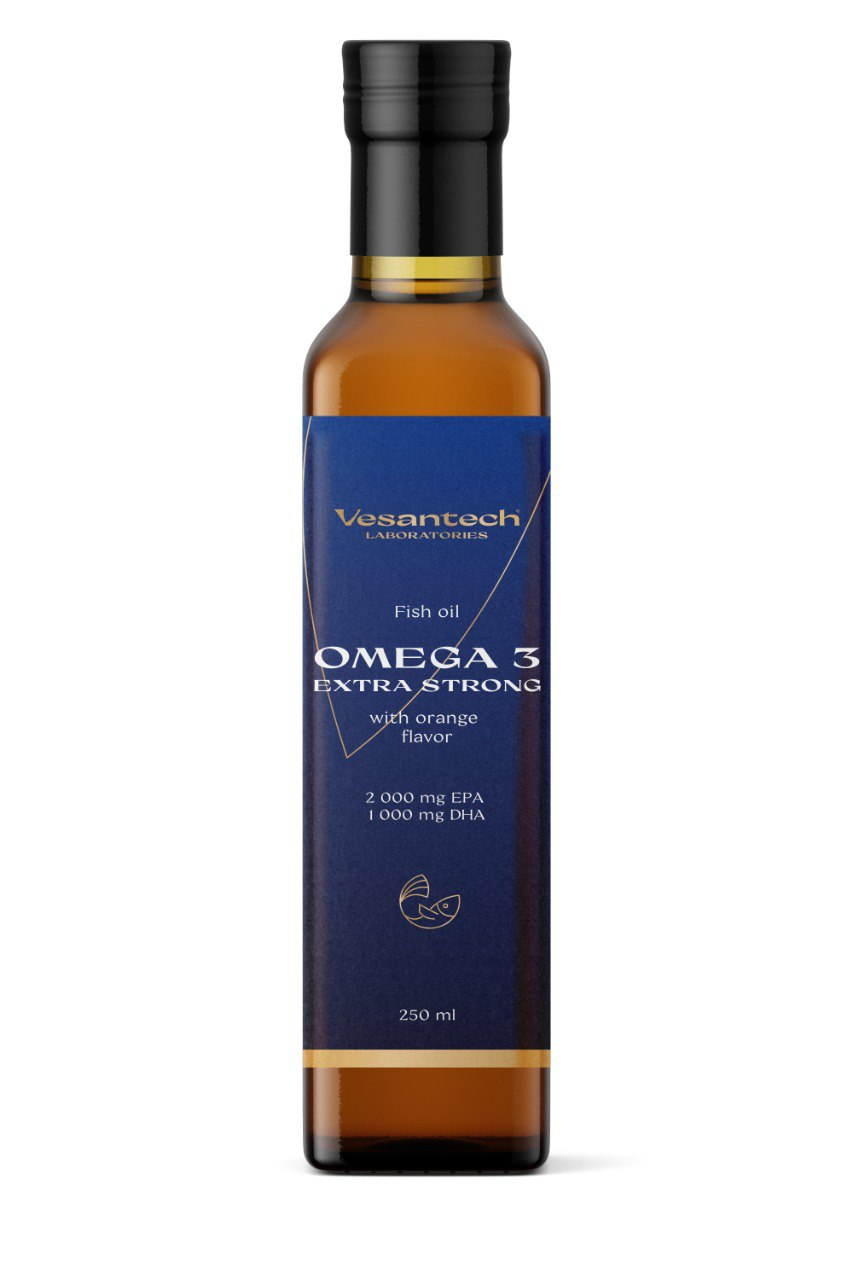 Vesantech Omega 3 EXTRA STRONG Rybí olej 250 ml Omega 3 Extra Strong – extra silná dávka EPA a DHA + vitamin D3 pro vaše zdravíOmega 3 Extra Strong je vysoce koncentrovaný rybí olej...